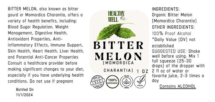 Healthy & Well Bitter Melon Alcohol Based Tincture Organic Non-GMO USA Size 1 oz