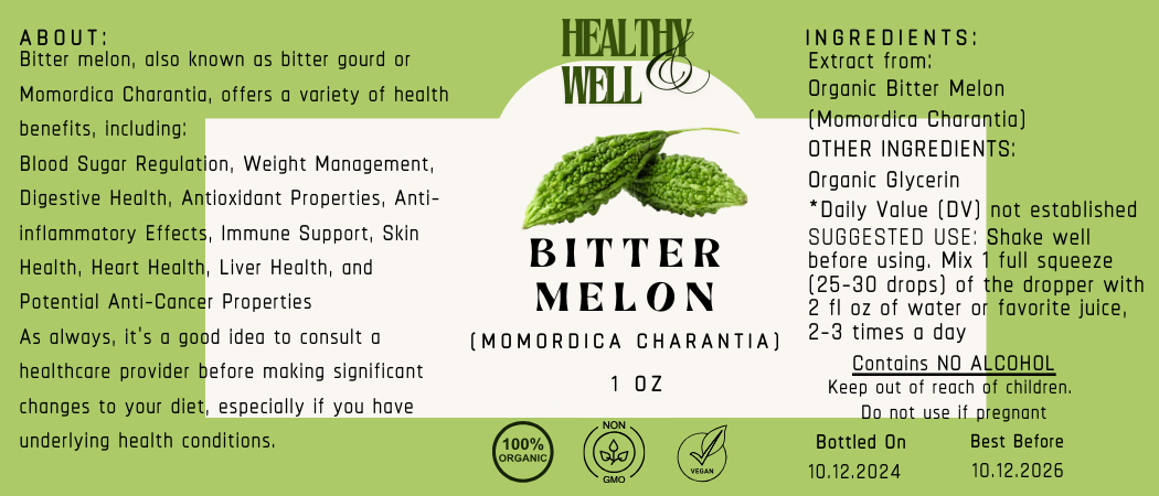 Healthy & Well Bitter Melon Alcohol Free Tincture Organic Non-GMO USA Size 1 oz