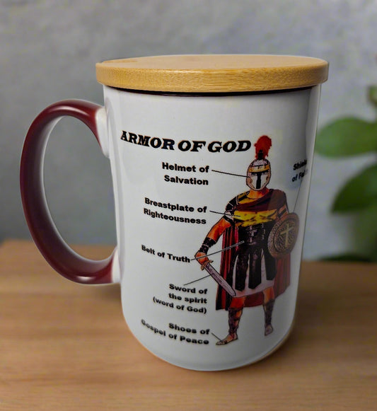 Armor of God Bible Verse with Labels with Wooden Lid Coffee Tea Mug 15 oz
