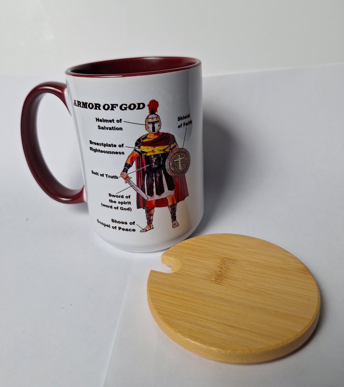 Armor of God Bible Verse with Labels with Wooden Lid Coffee Tea Mug 15 oz