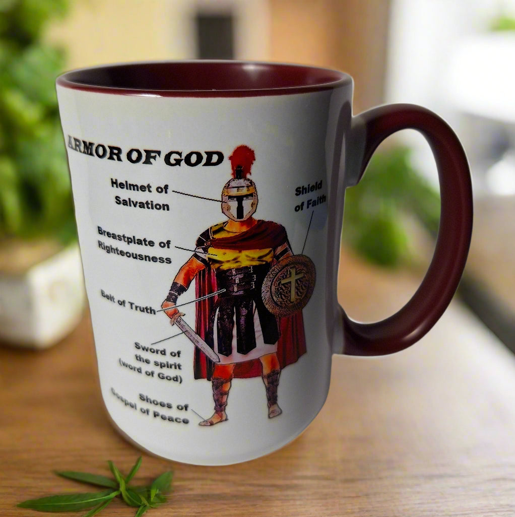 Armor of God Bible Verse with Labels with Wooden Lid Coffee Tea Mug 15 oz