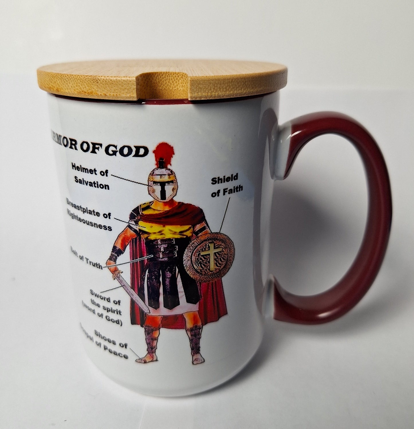 Armor of God Bible Verse with Labels with Wooden Lid Coffee Tea Mug 15 oz